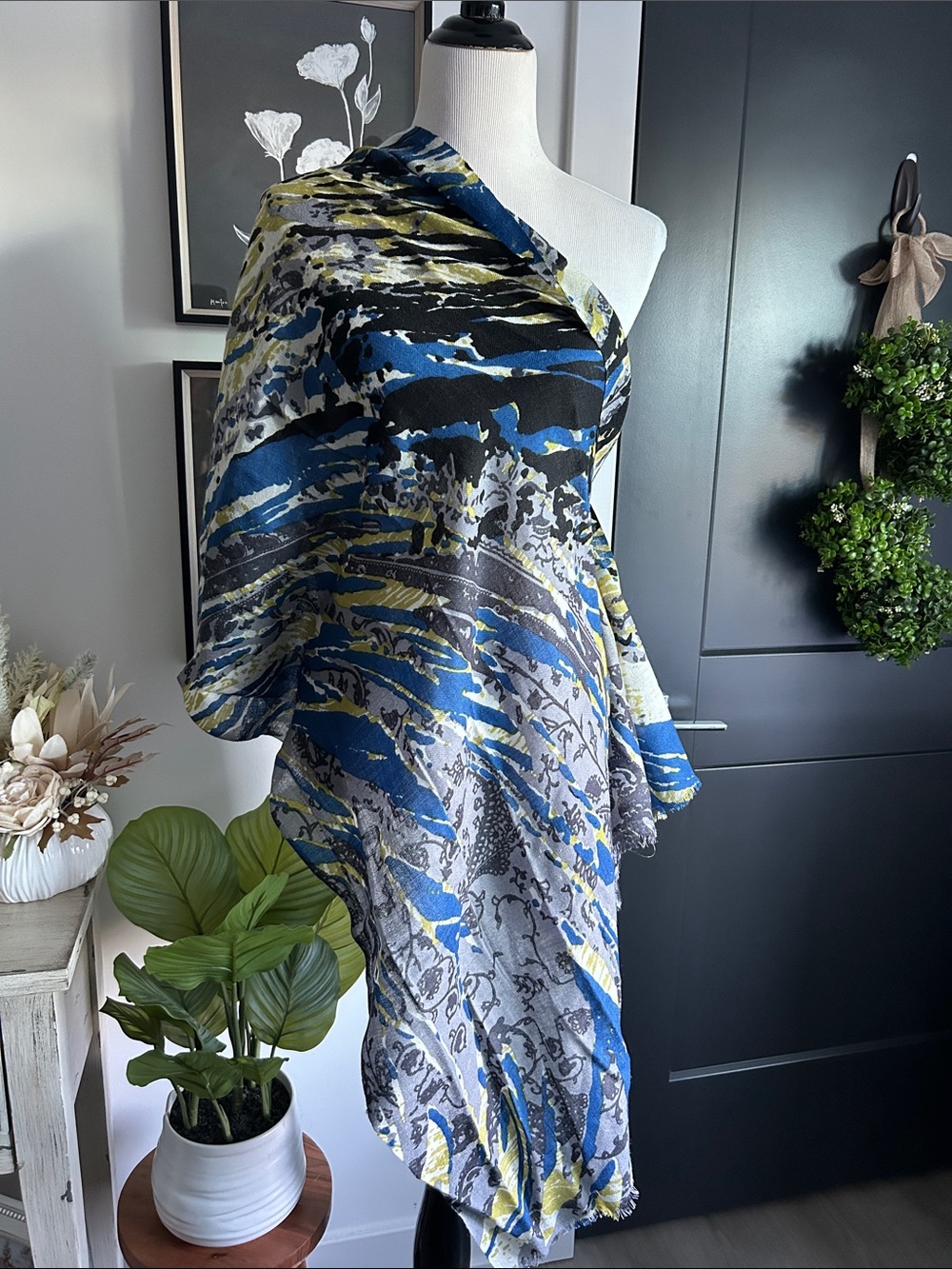 28" by 72" Lightweight Blue, Black & Yellow Patterned Scarf